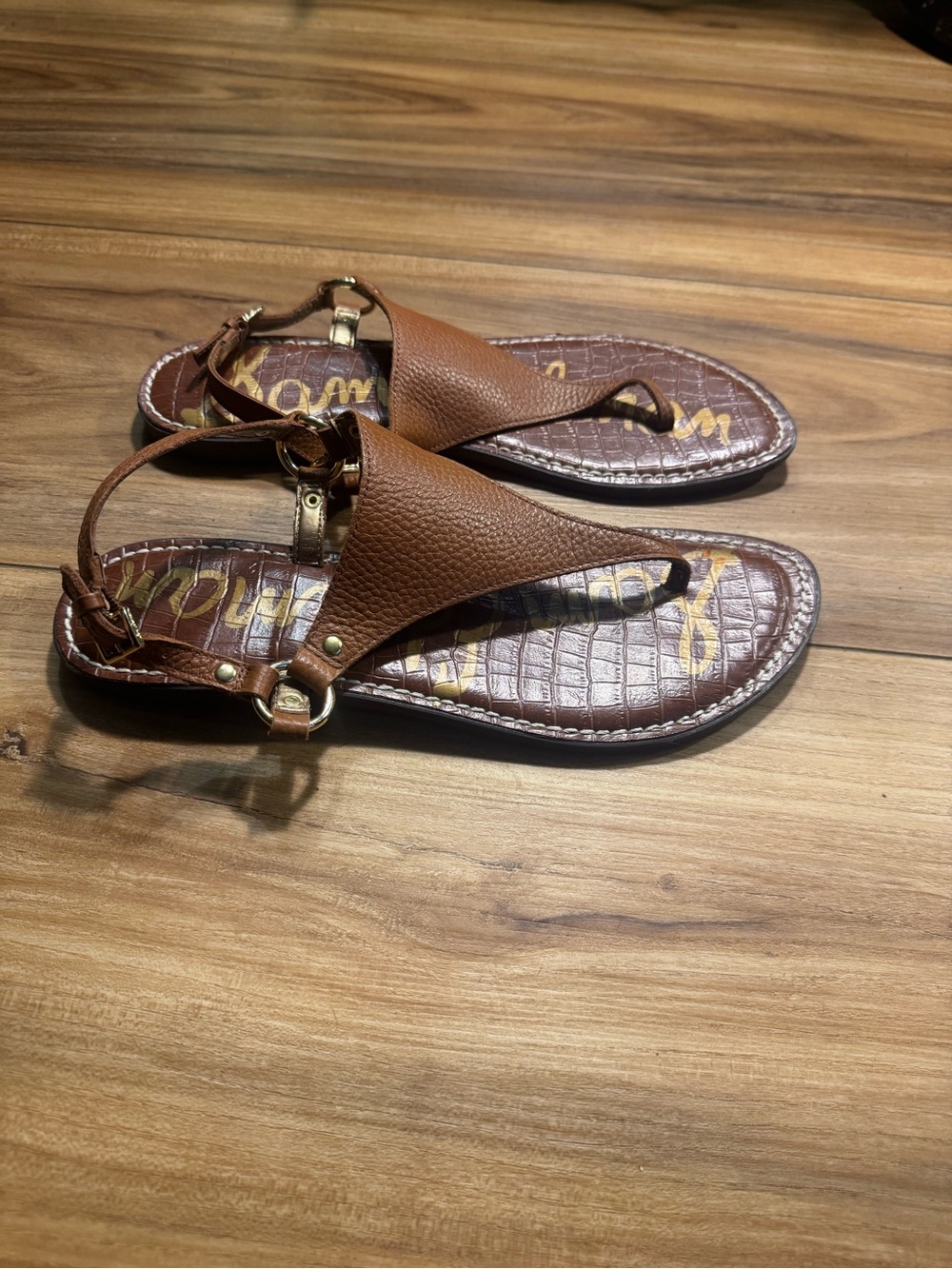 Sam Edelman Brown Leather Croc-Textured T-Strap Sandals with Gold Hardware